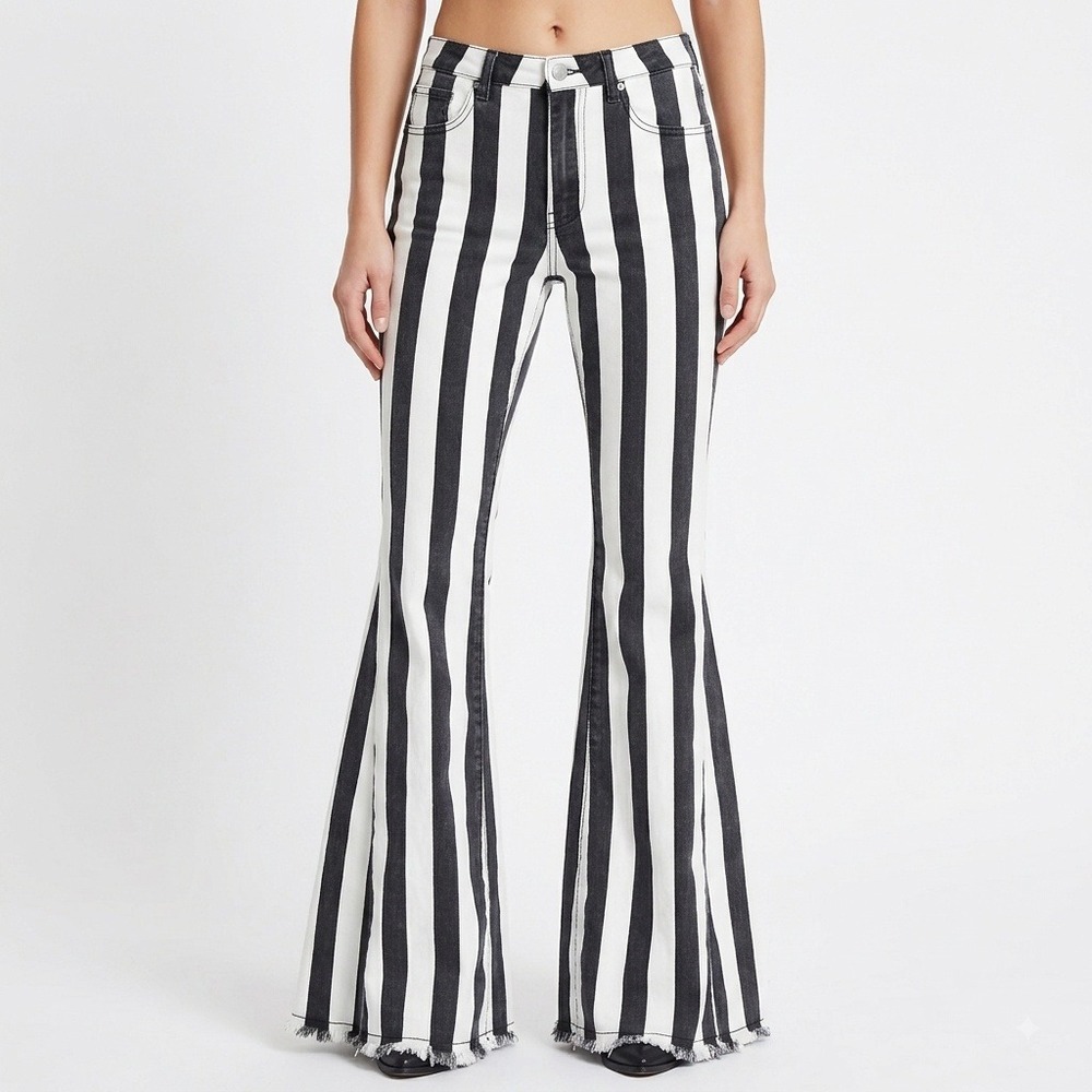 Saints & Hearts Flare Jeans Womens L Black White Striped High Rise Bell Bottom